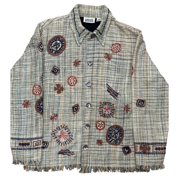 CHICO'S Womens Size 1 Green Multicolored Bohemian Embroidery Short Green Jacket - Picture 7 of 16